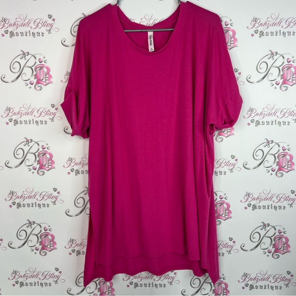 Zenana premium tshirt long style pinned sleeve look Magenta Short Sleeve Top